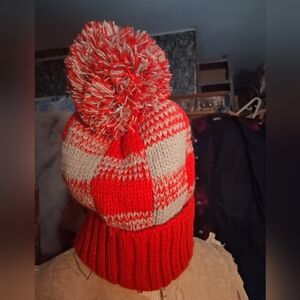 Cozy Red and Cream Knit Pom-Pom Hat